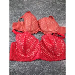 Adore Me Bras Set Of 2 38DD Underwire Padded Strappy Lace Sexy Red And Peach